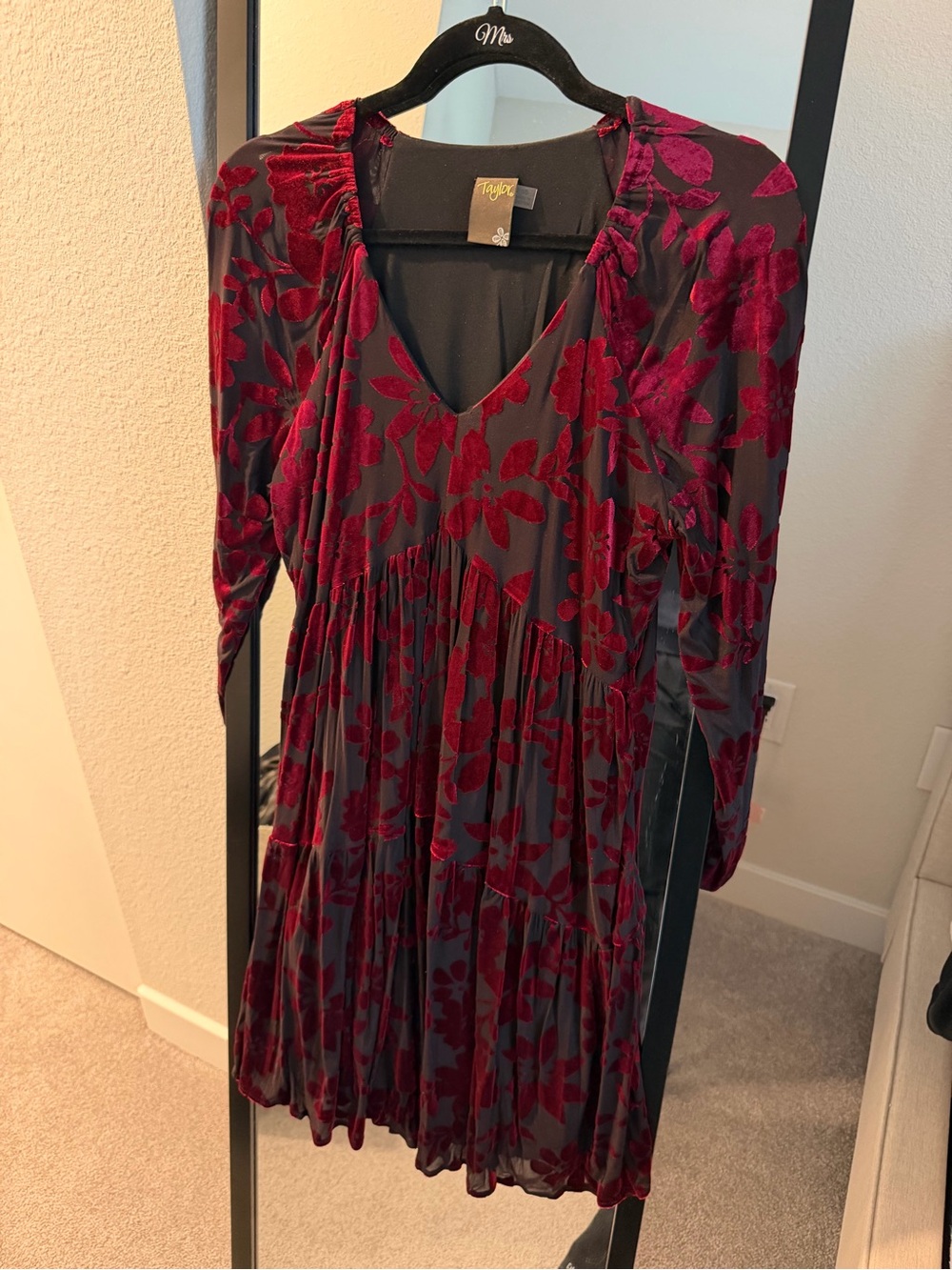 Taylor Burgundy Floral Velvet Burnout Long Sleeve Dress